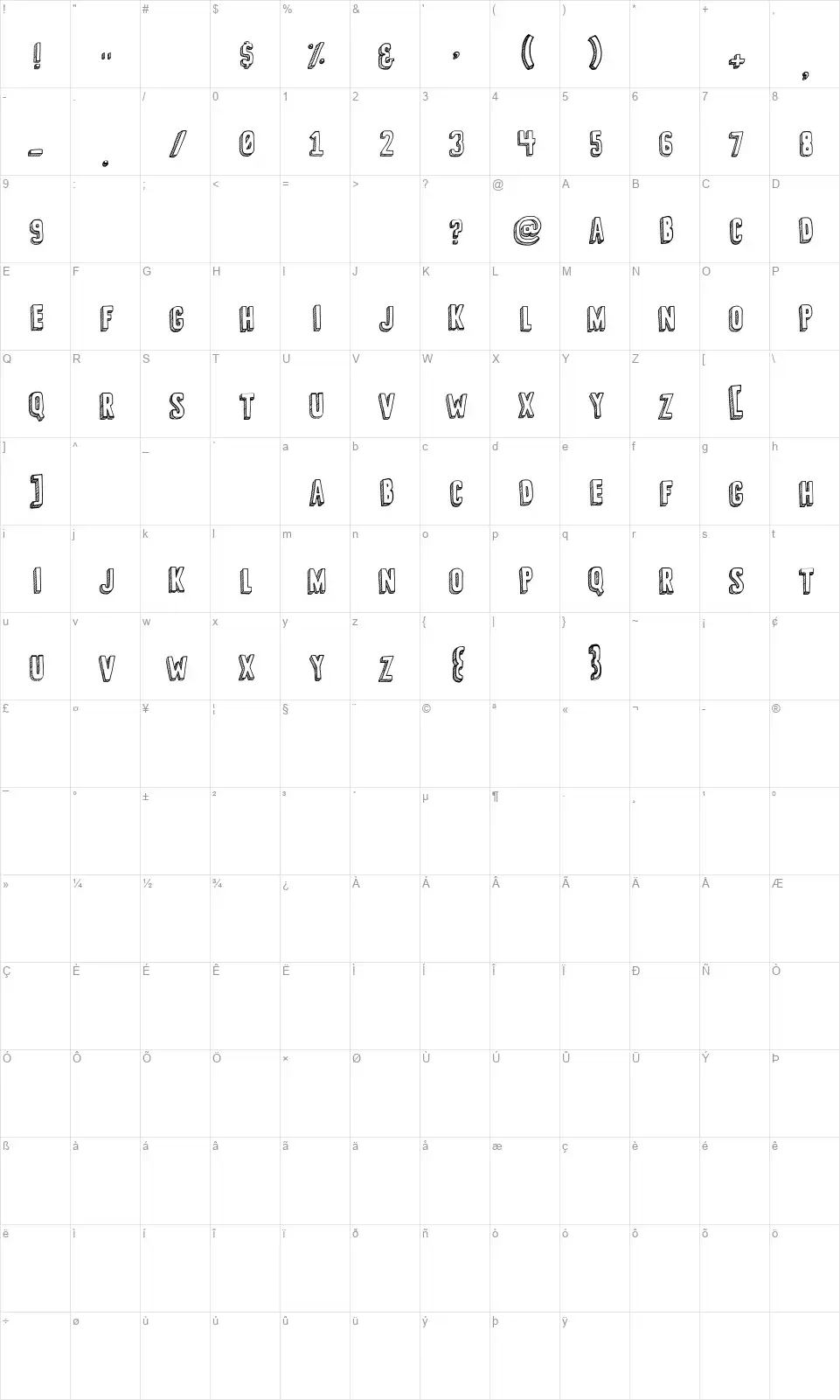3-D Sketchfont character map