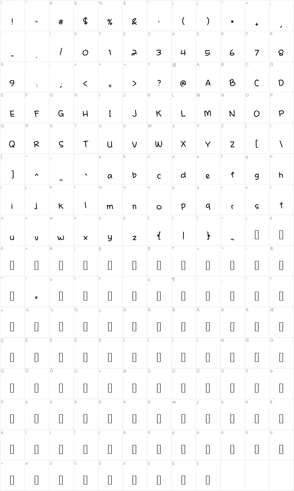 A Casual Handwritten Penfont character map