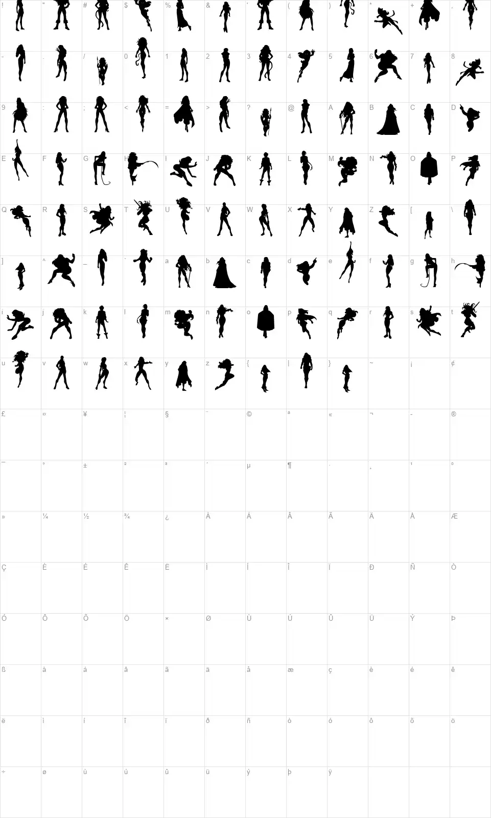 Action Womenfont character map