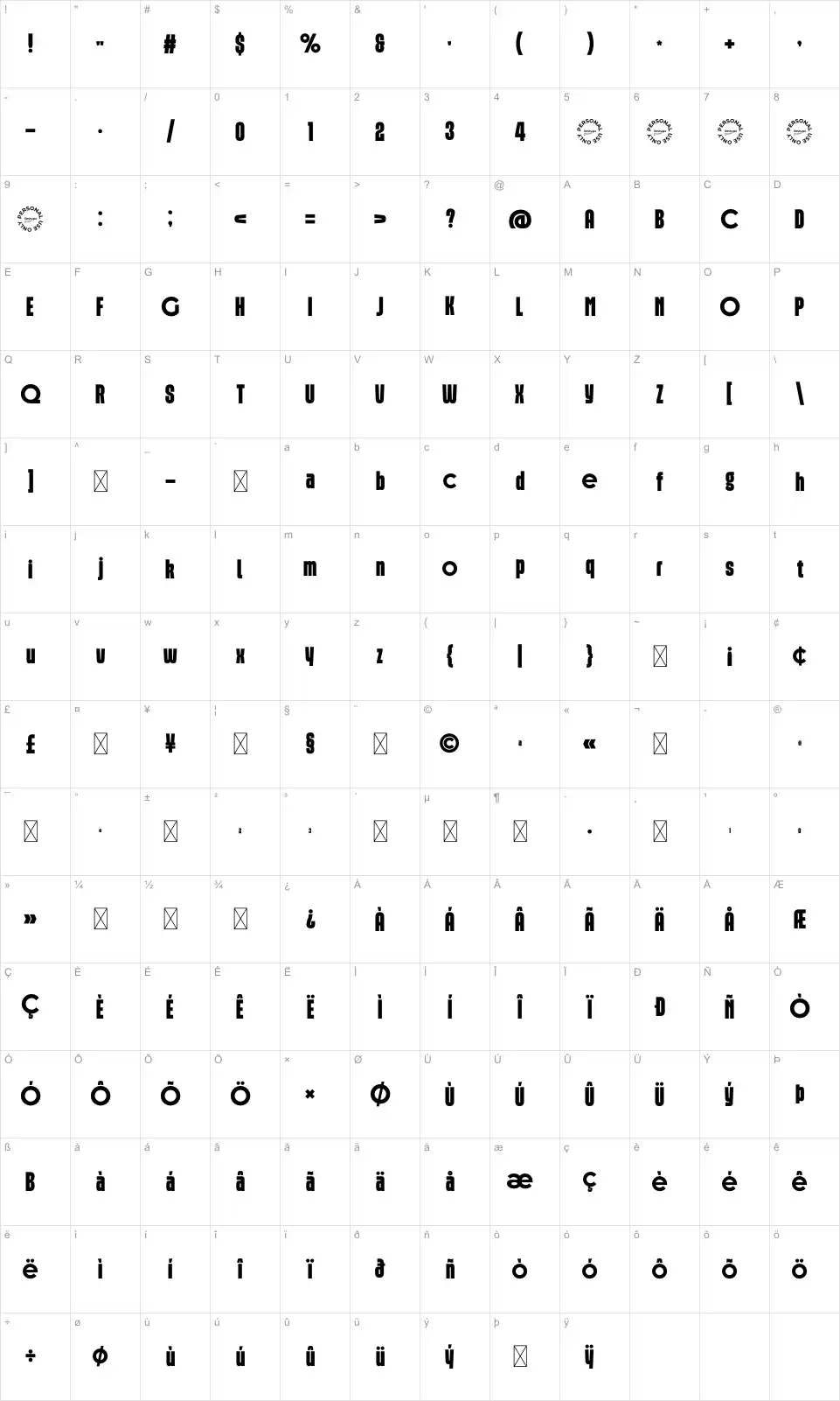 Amover Karakter haritası Amoverfont character map
