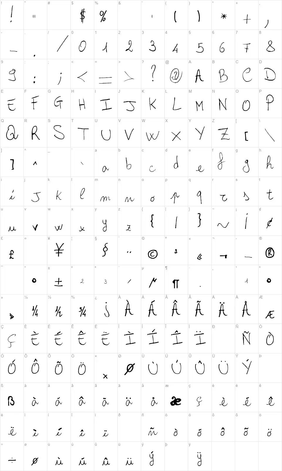 Arcangelo's Wordsfont character map