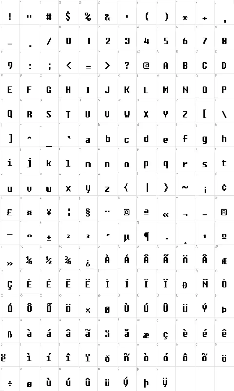 Ascsysfont character map