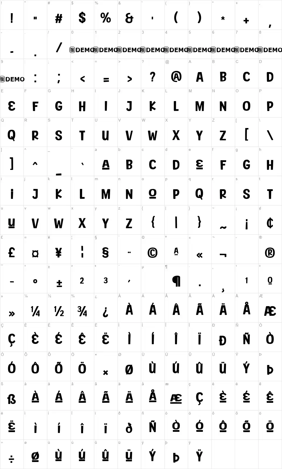 Bakery Goodsfont character map