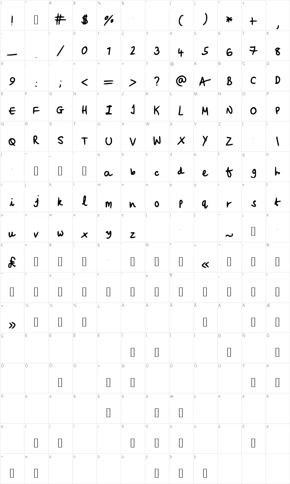 Beccasfontfont character map