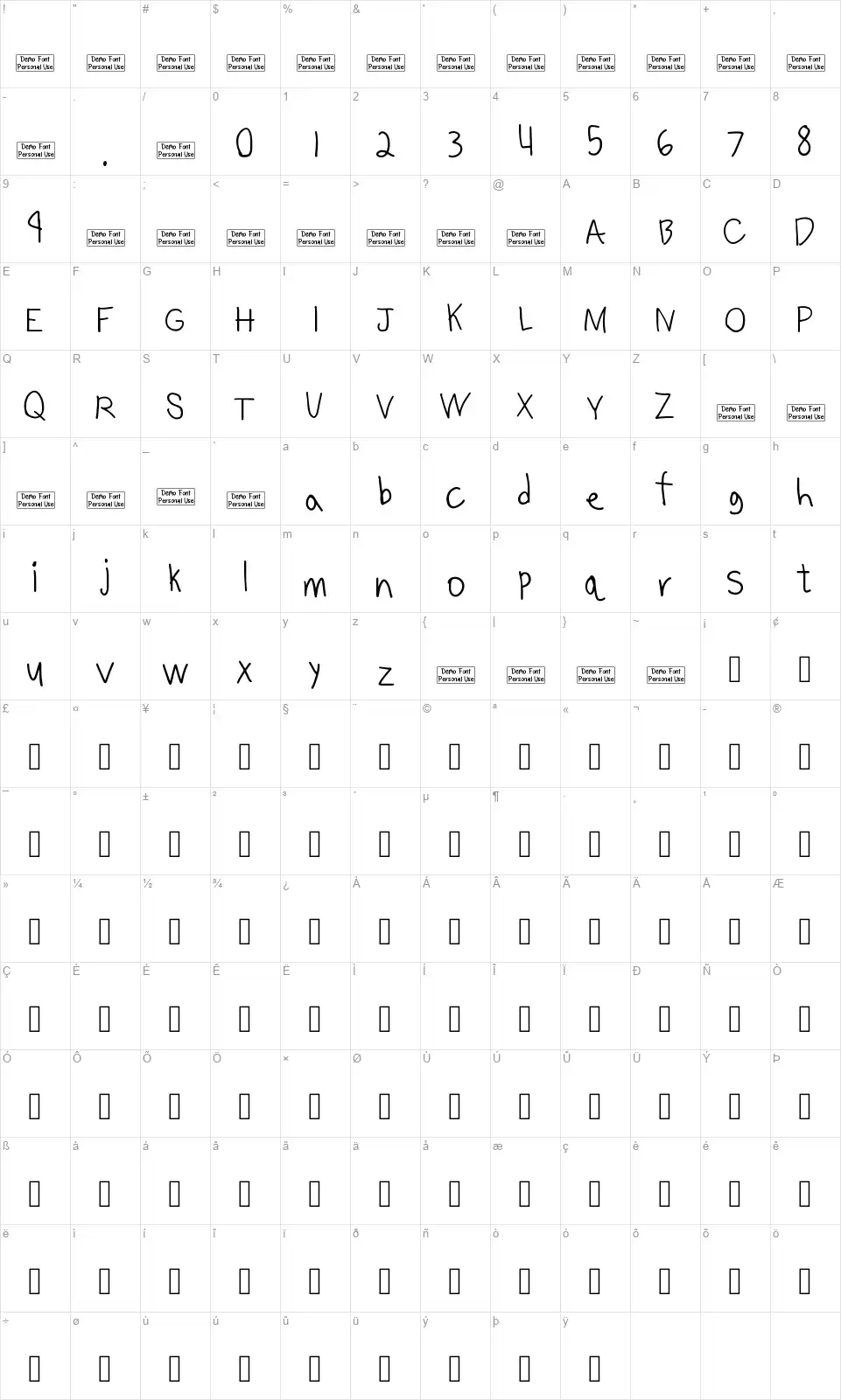 Benjamminfont character map