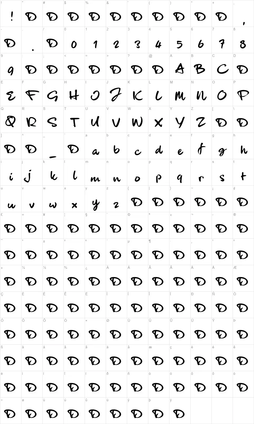Black Handfont character map