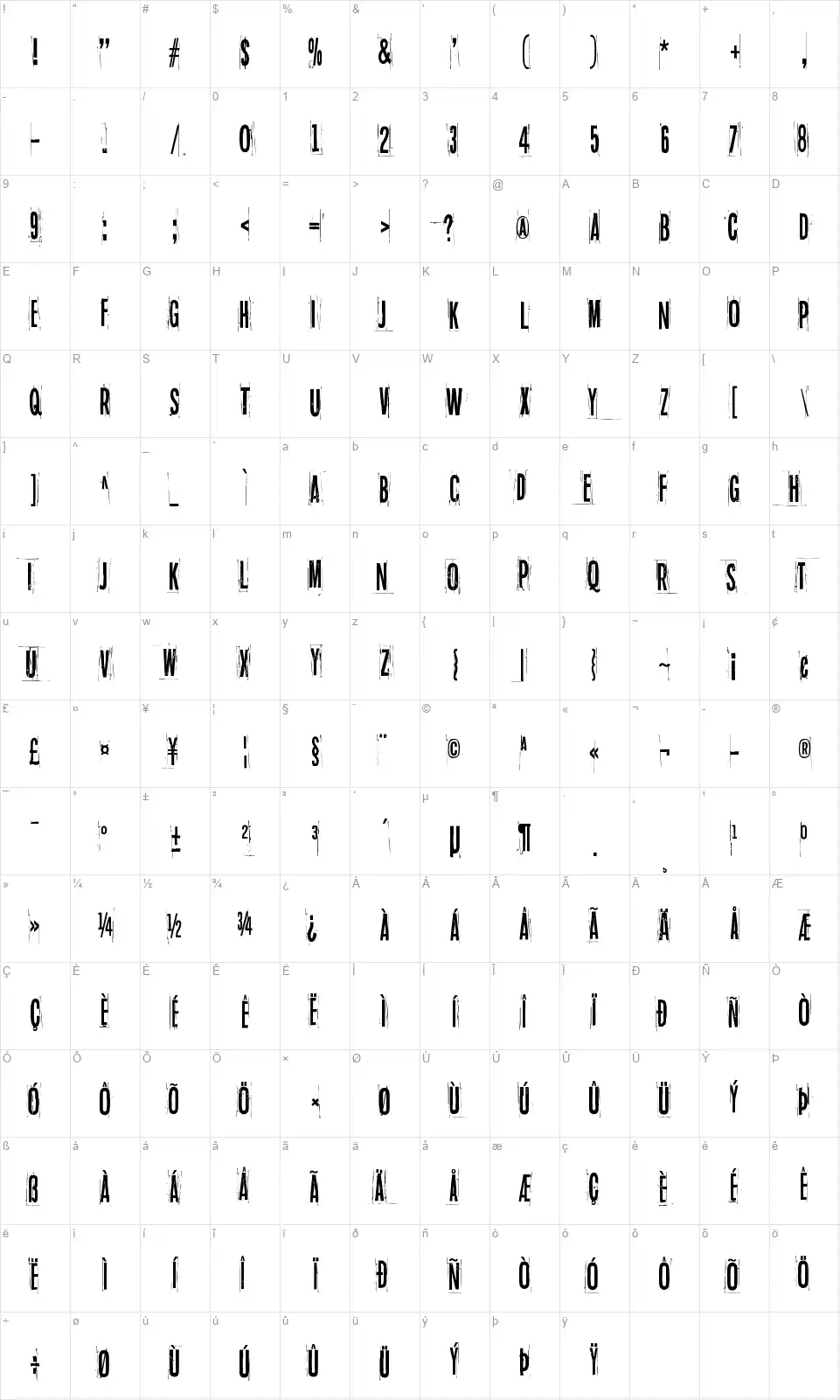 Blue sky, blue grassfont character map