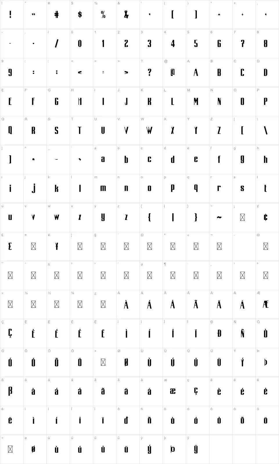 Boemita Karakter haritası Boemitafont character map