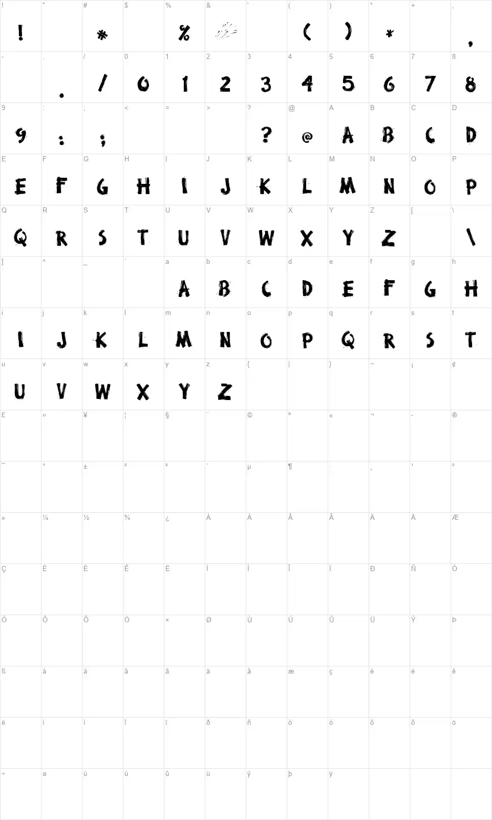 Broken Stickfont character map