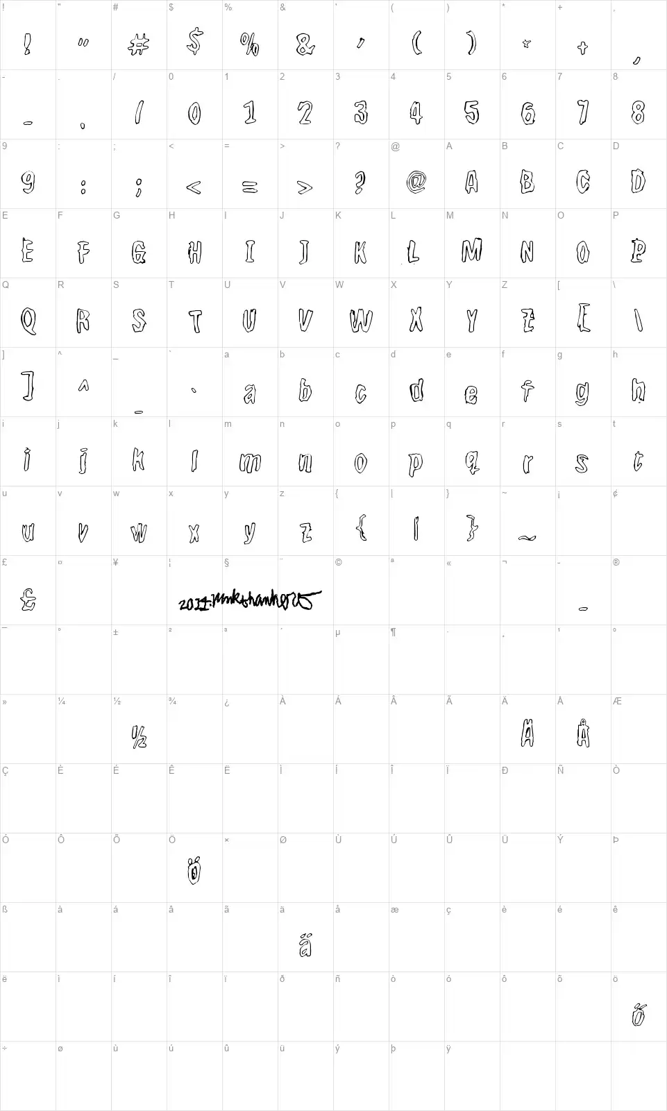 BwheroGreeZerofont character map