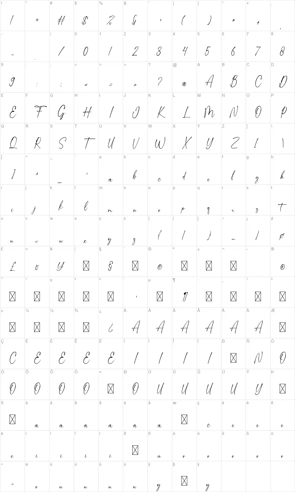 Calisthafont character map