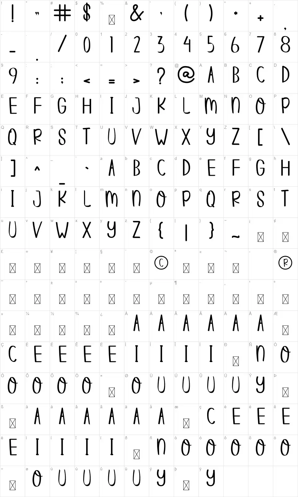 Care Snowbiefont character map