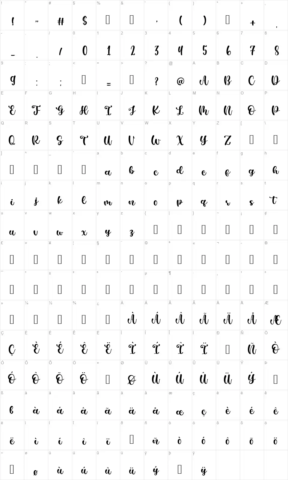 Casking Cream Scriptfont character map