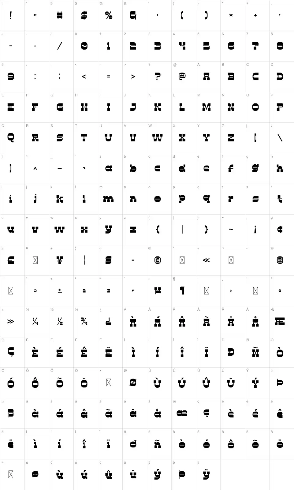 Comoz Karakter haritası Comozfont character map