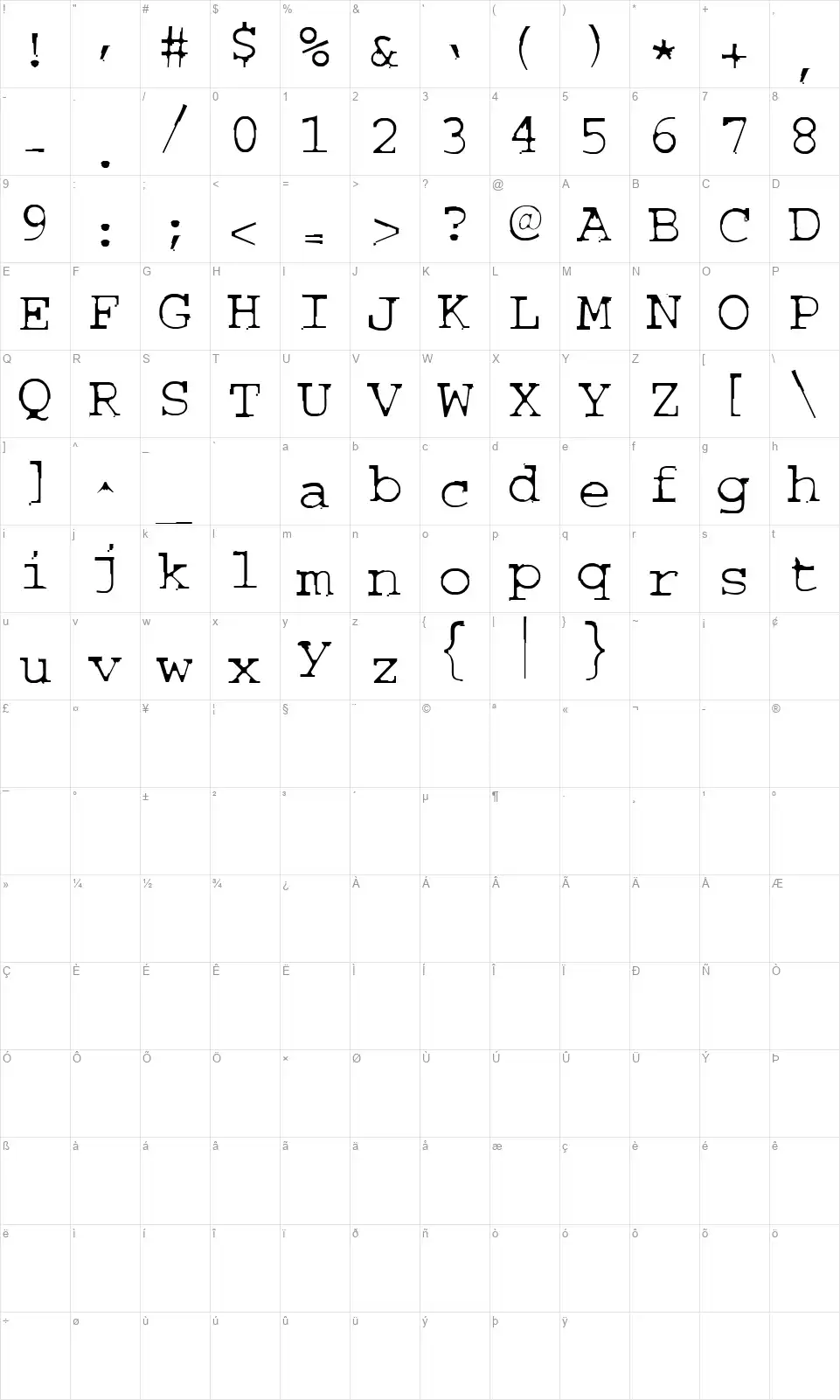 Couriertxtfont character map