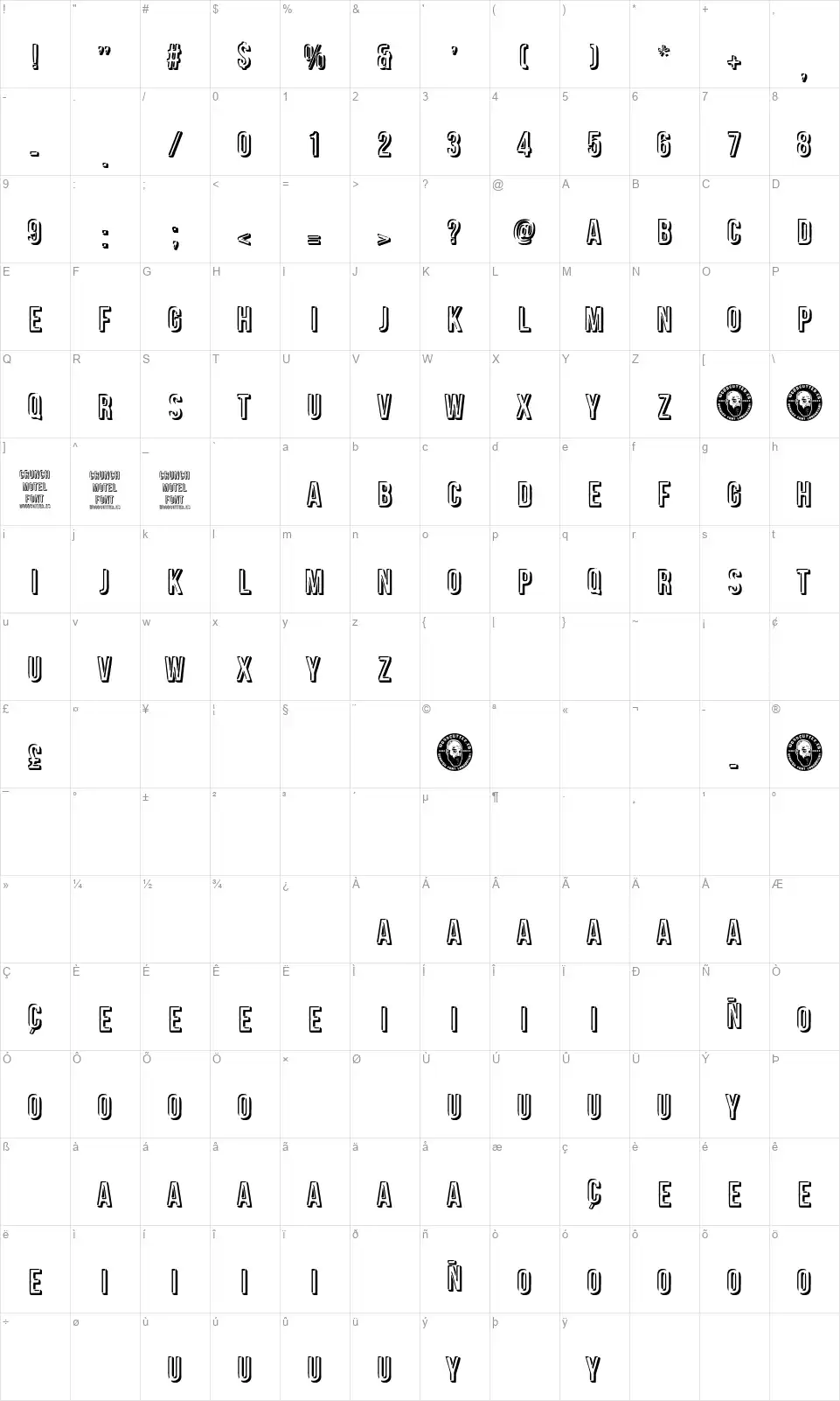 Crunch Motelfont character map
