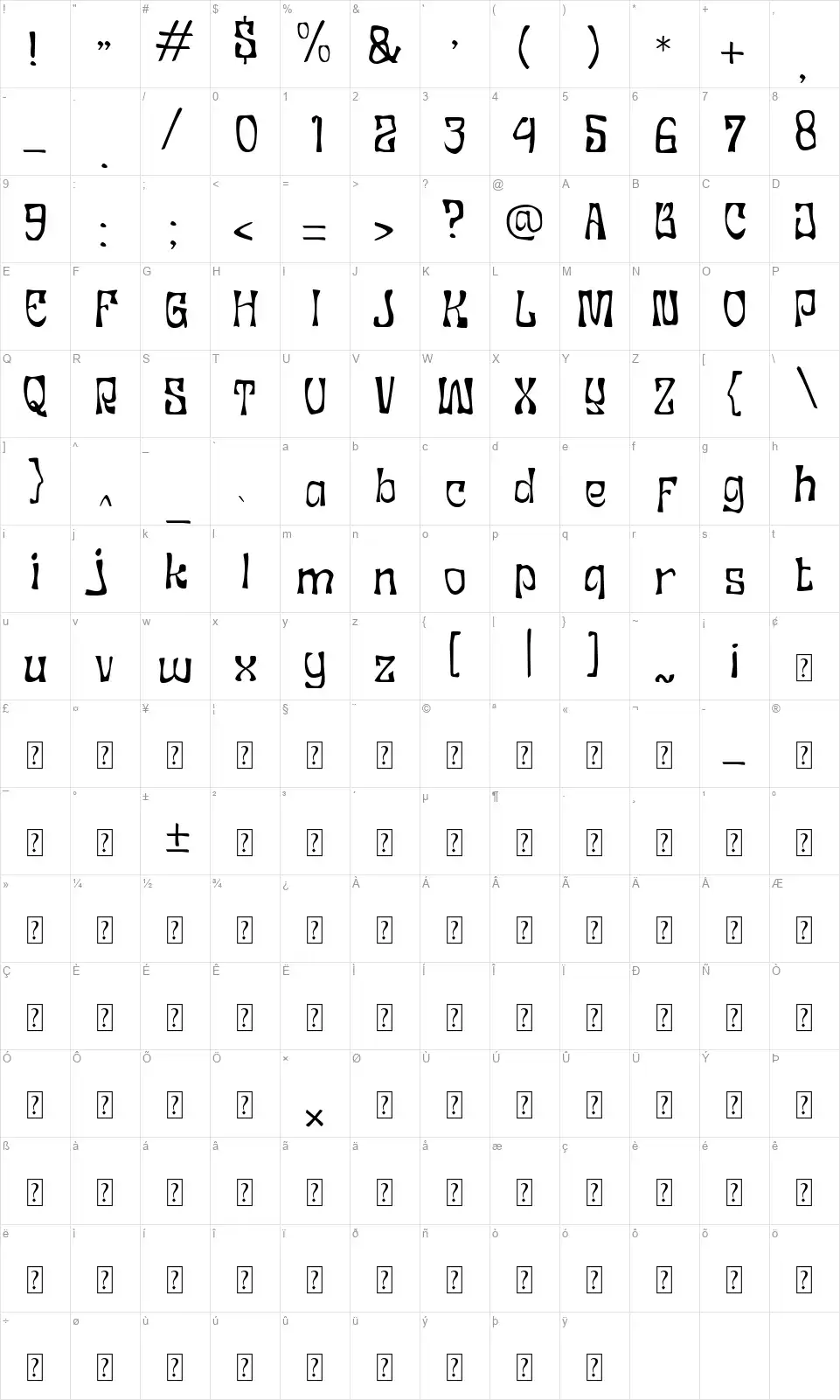 Crushwearfont character map