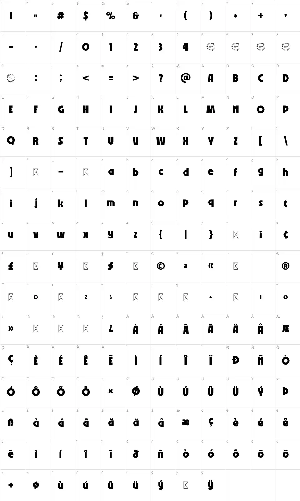 Decoma Karakter haritası Decomafont character map