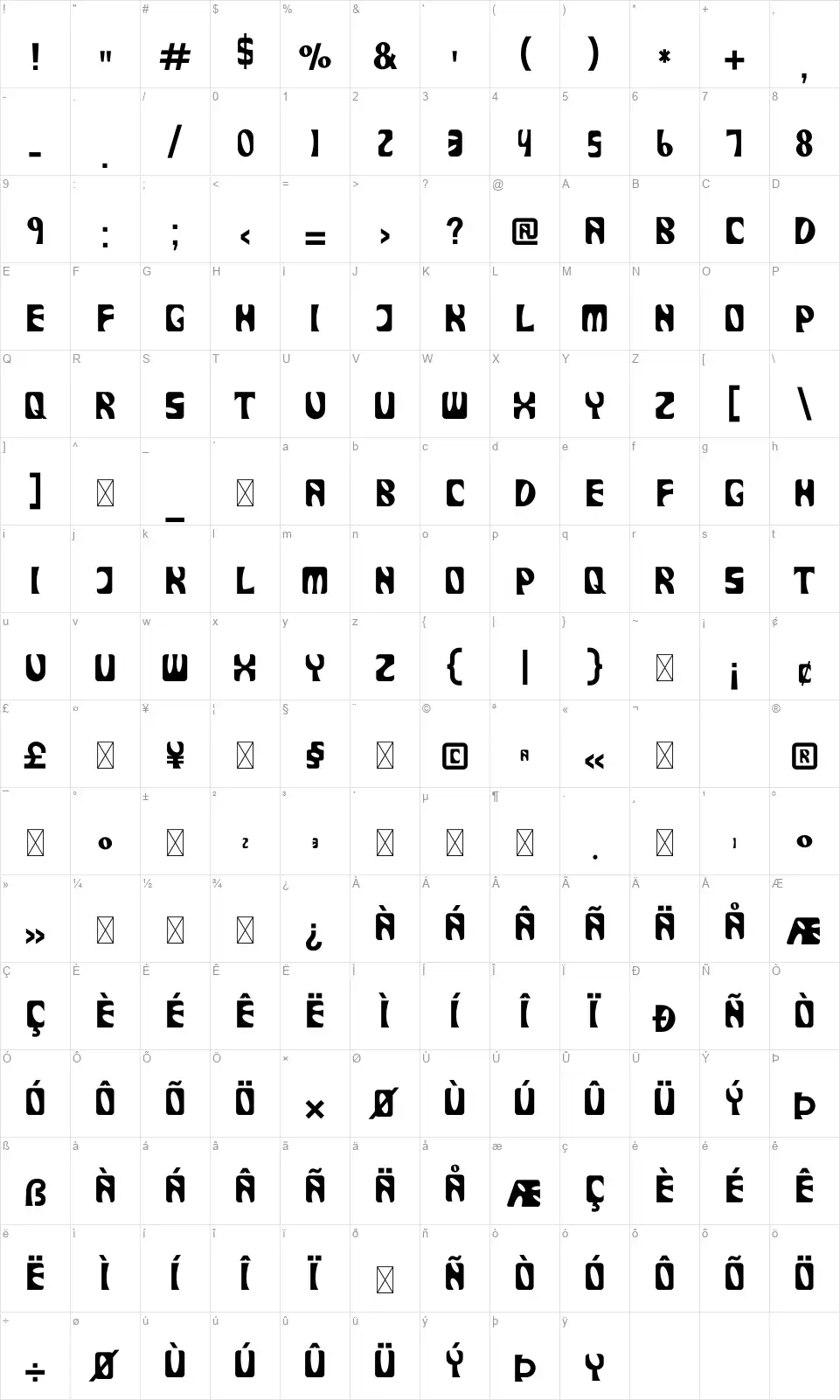 Deraniafont character map
