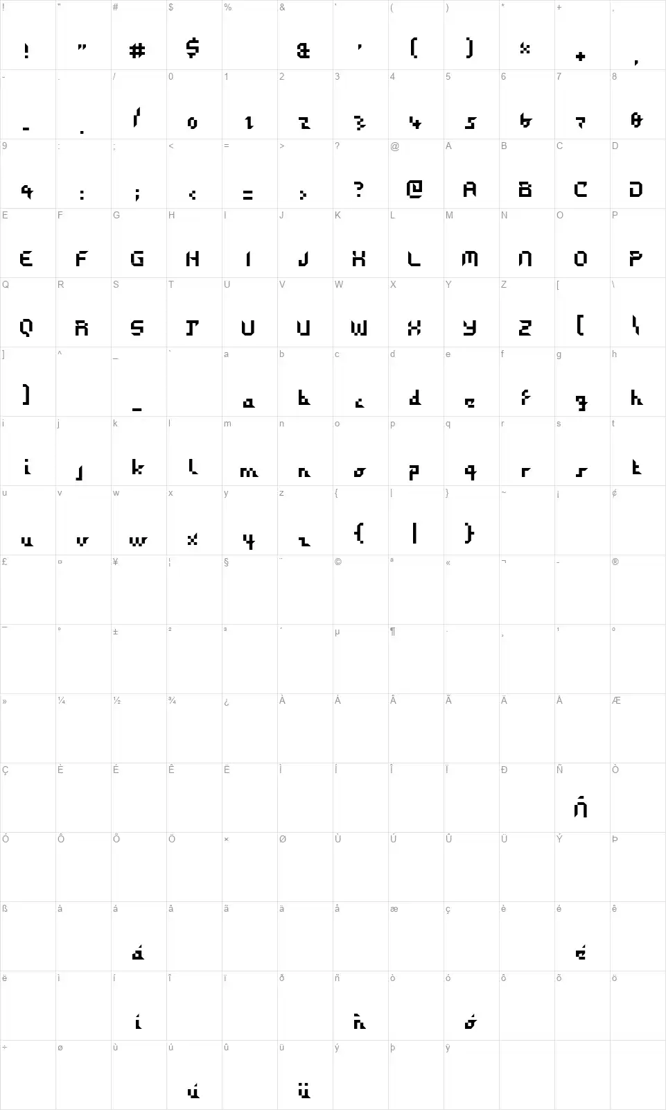 Detalpalofont character map