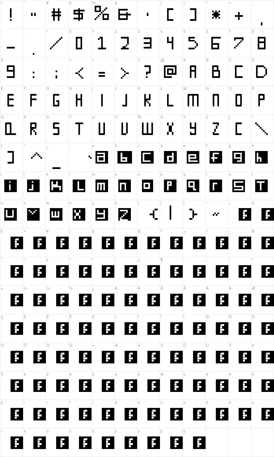 Digit Squarefont character map