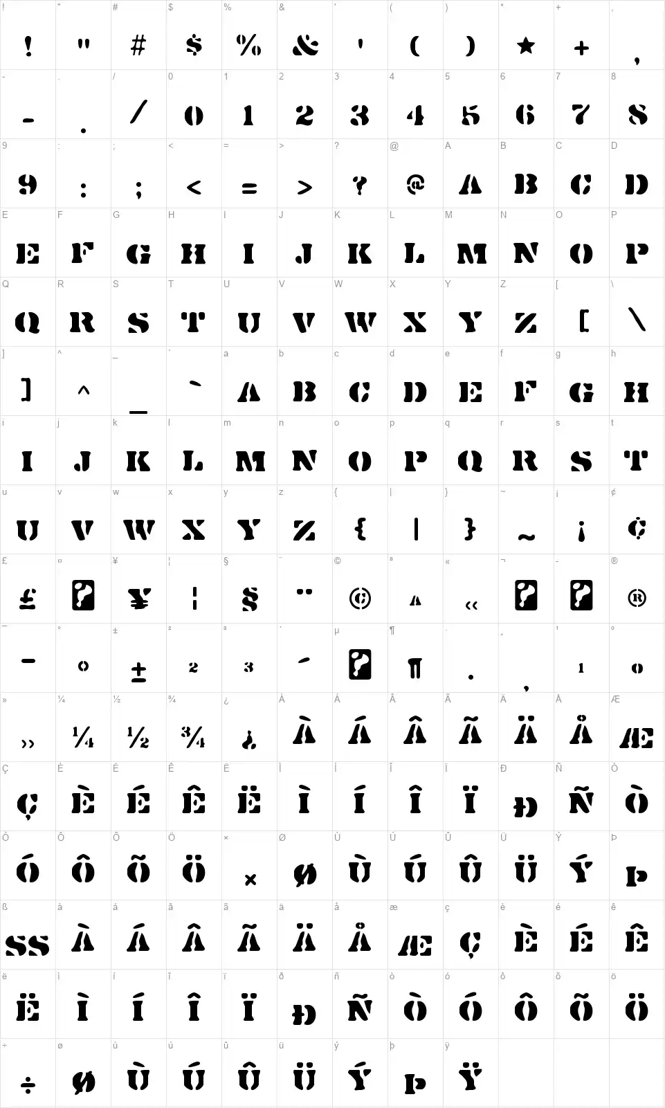 Dirty Bakers Dozenfont character map