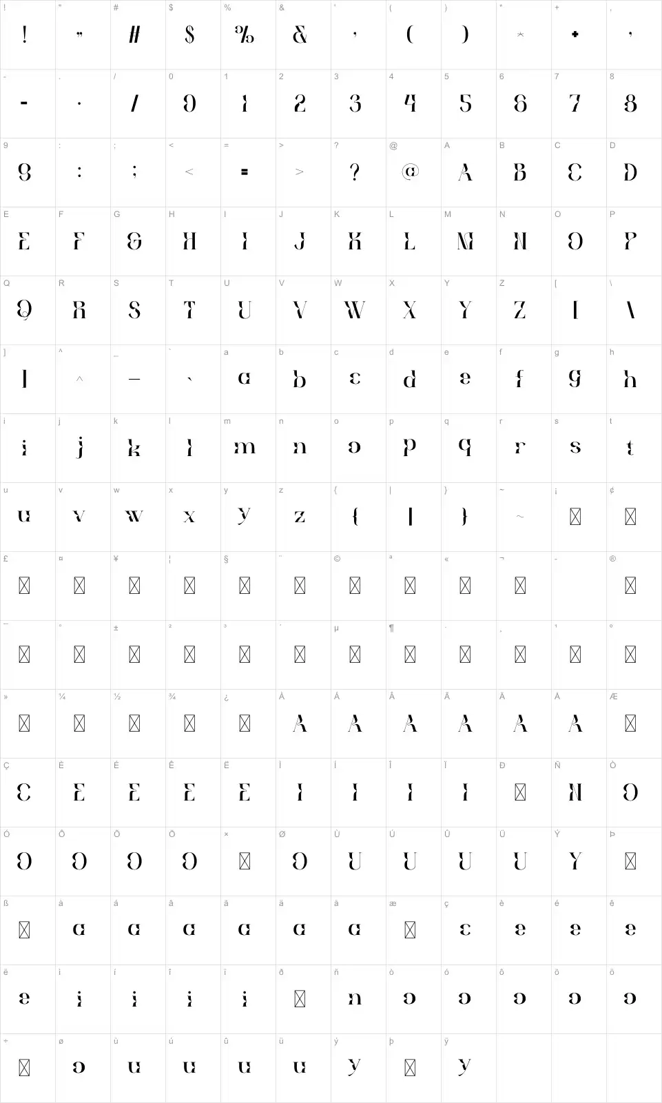 Dreamty Karakter haritası Dreamtyfont character map