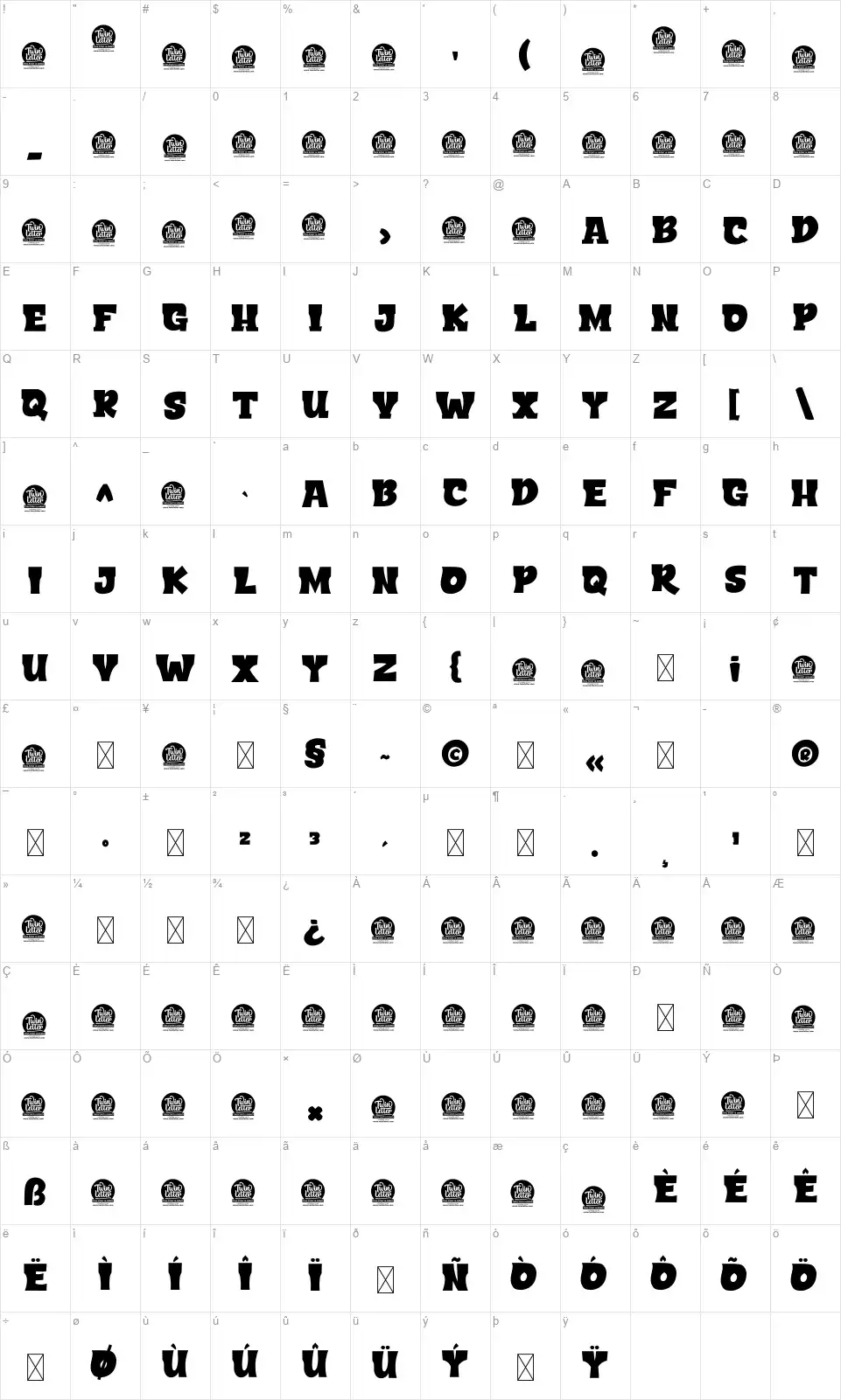 Exonerfont character map