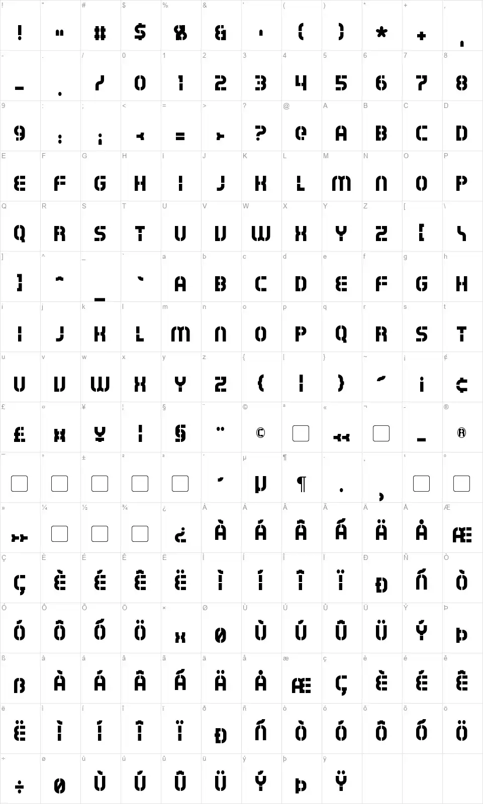 Exostencilfont character map