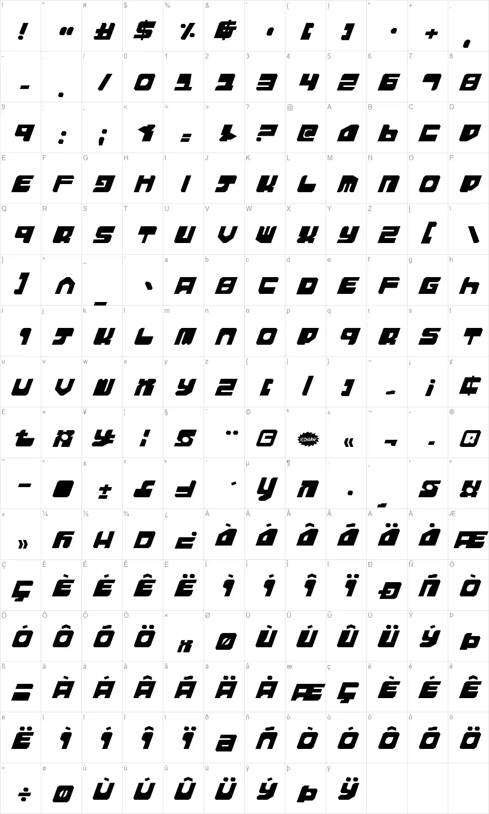 Extechchopfont character map