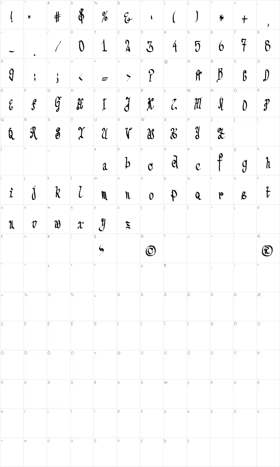 FE Senseless Strokesfont character map