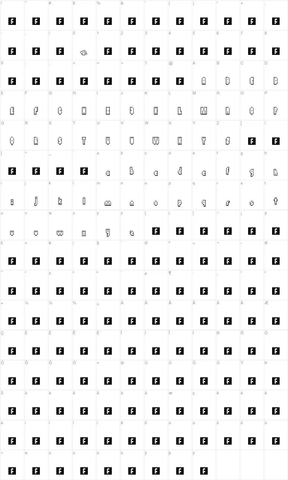 Flappy Birdyfont character map