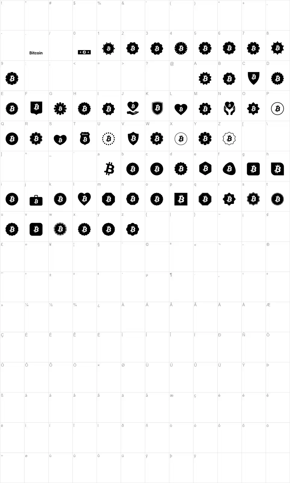 Font Bitcoin Colorfont character map