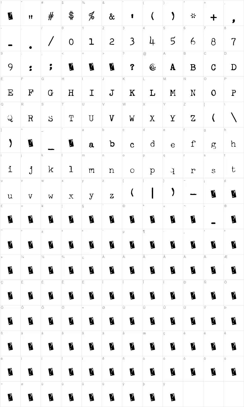 Freeky Typewriterfont character map