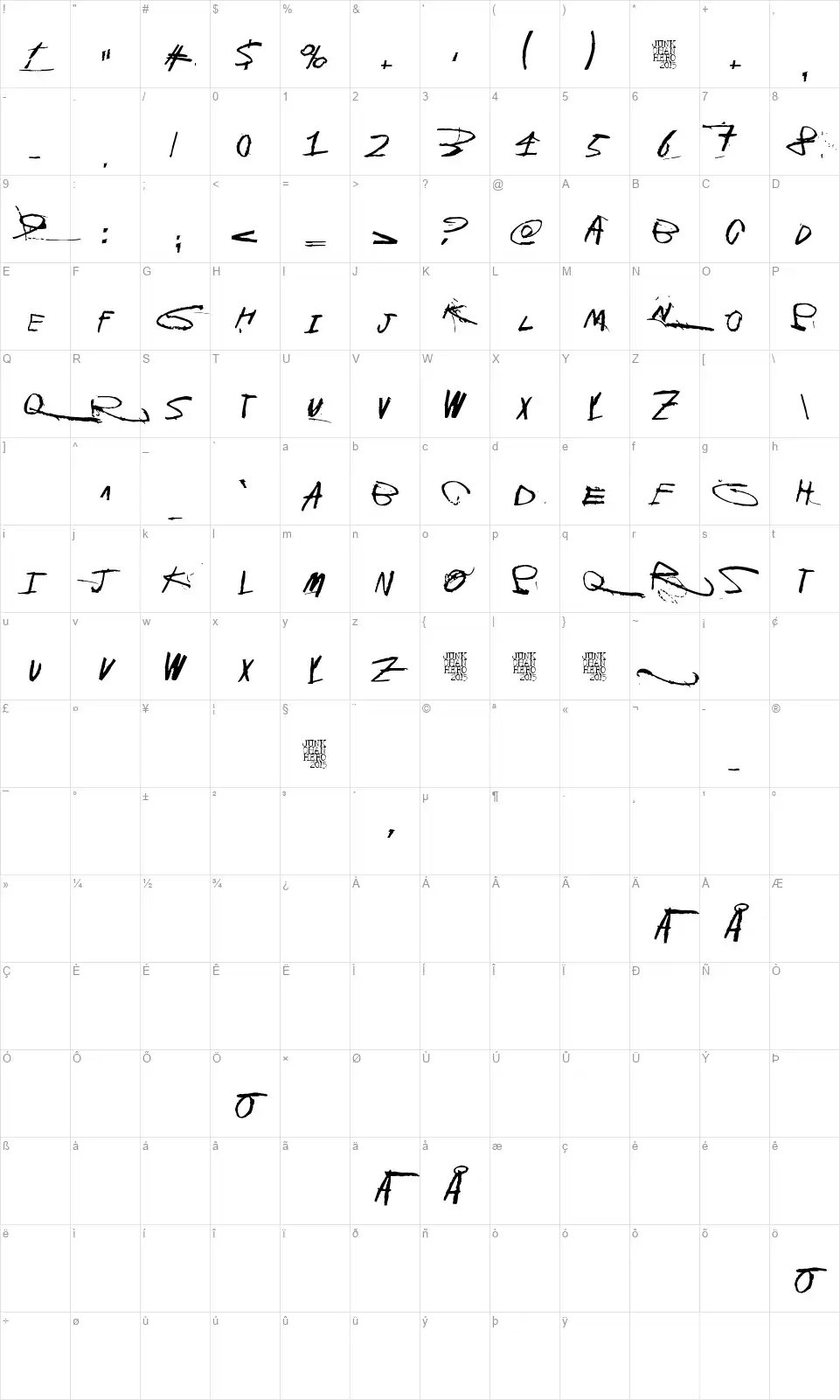 Galvanize Burnfont character map