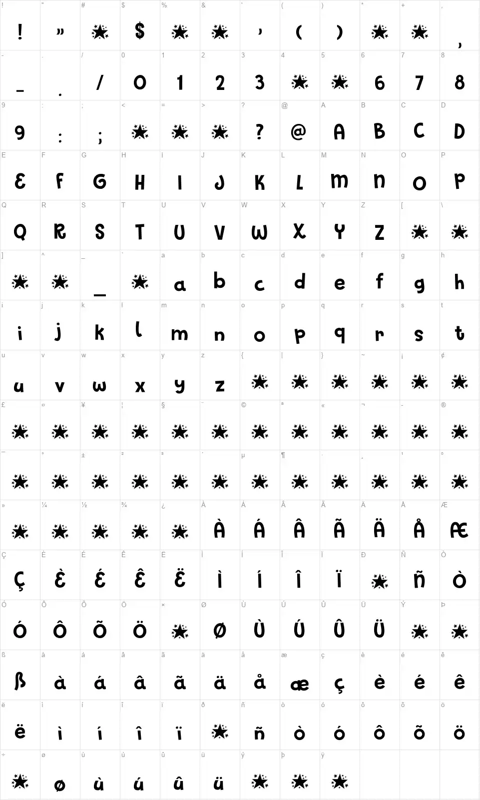 Glitter Candyfont character map