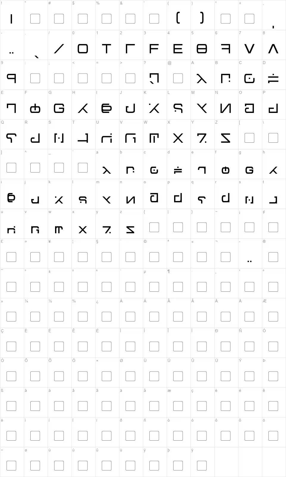 Green Martianfont character map