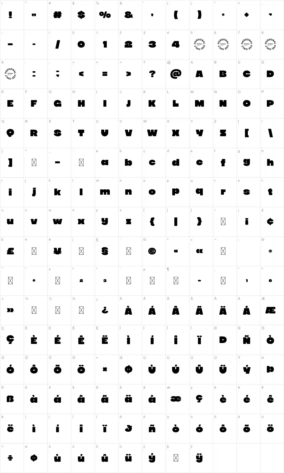 Grovio Karakter haritası Groviofont character map