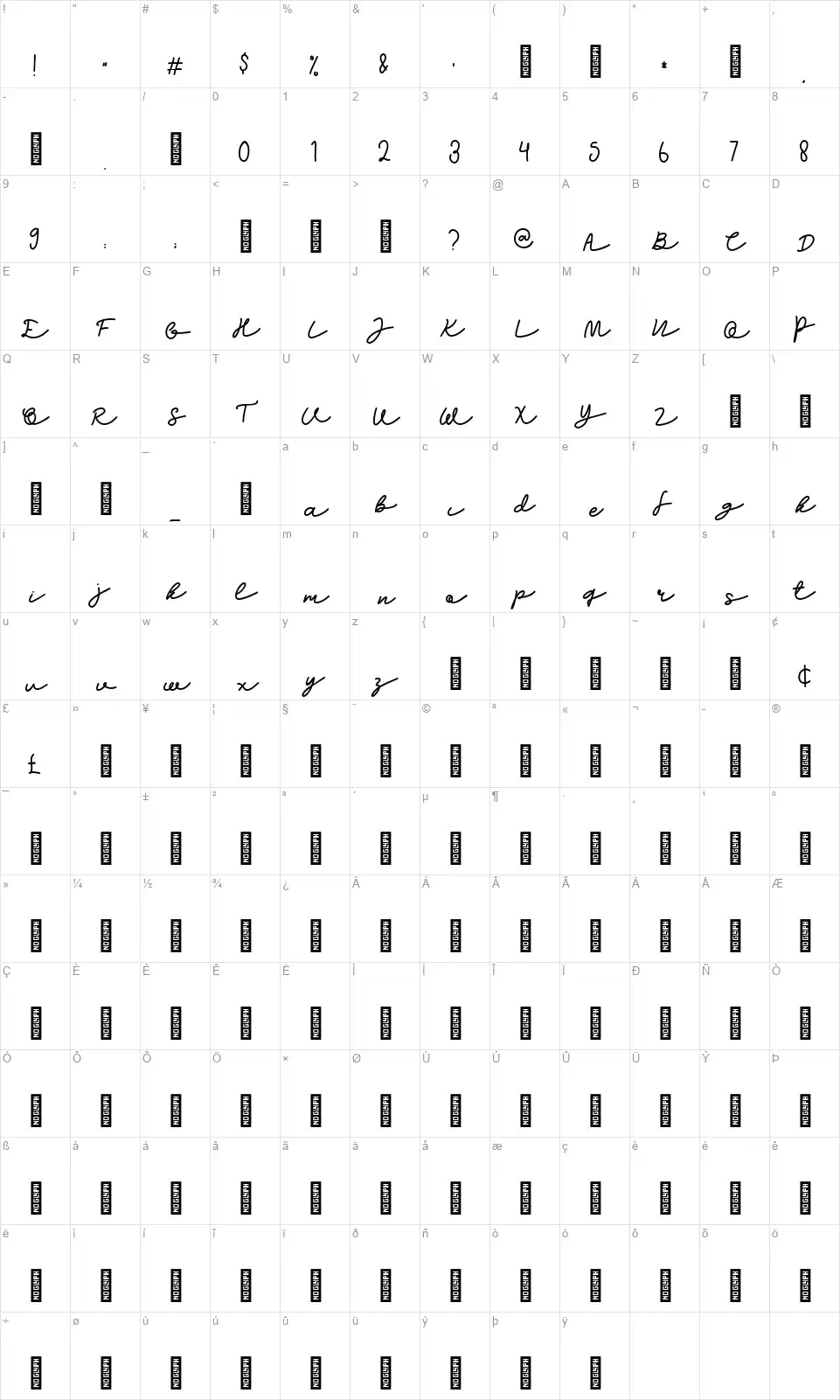 Growing Garden Scriptfont character map