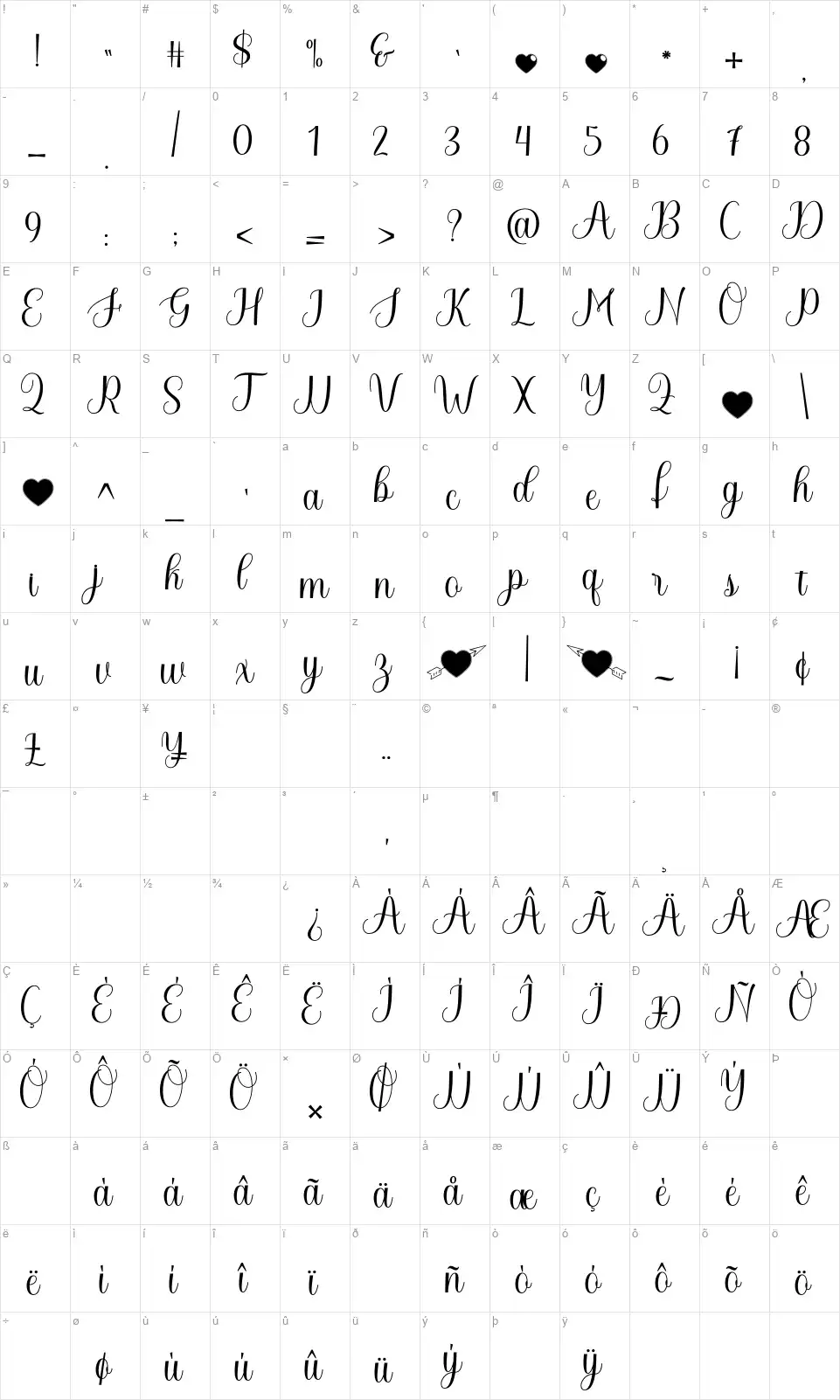 Hello Belovedfont character map