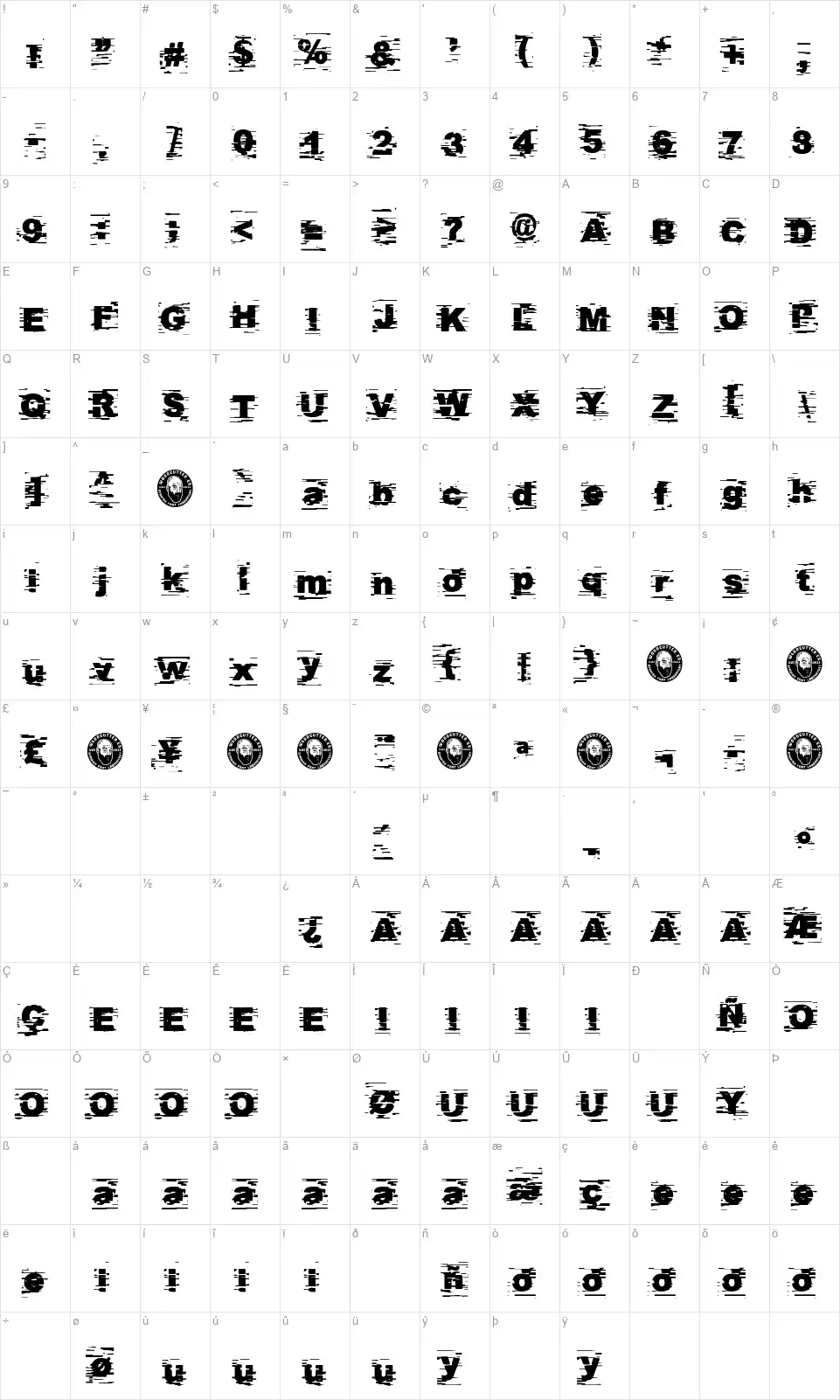 Helveglitchfont character map