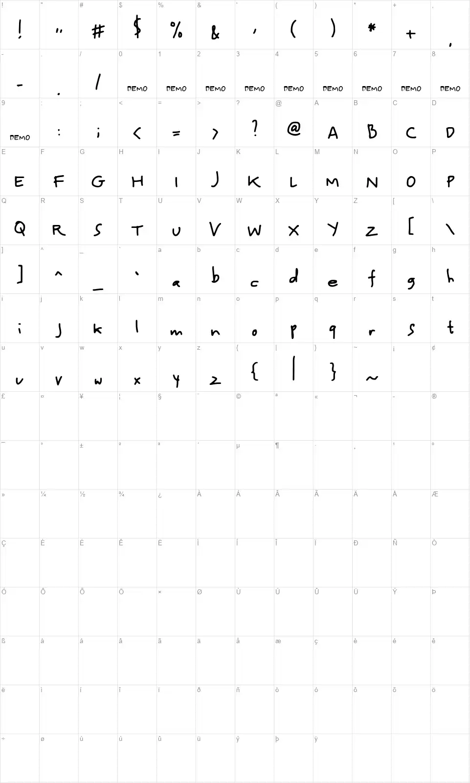 Hidalgofont character map