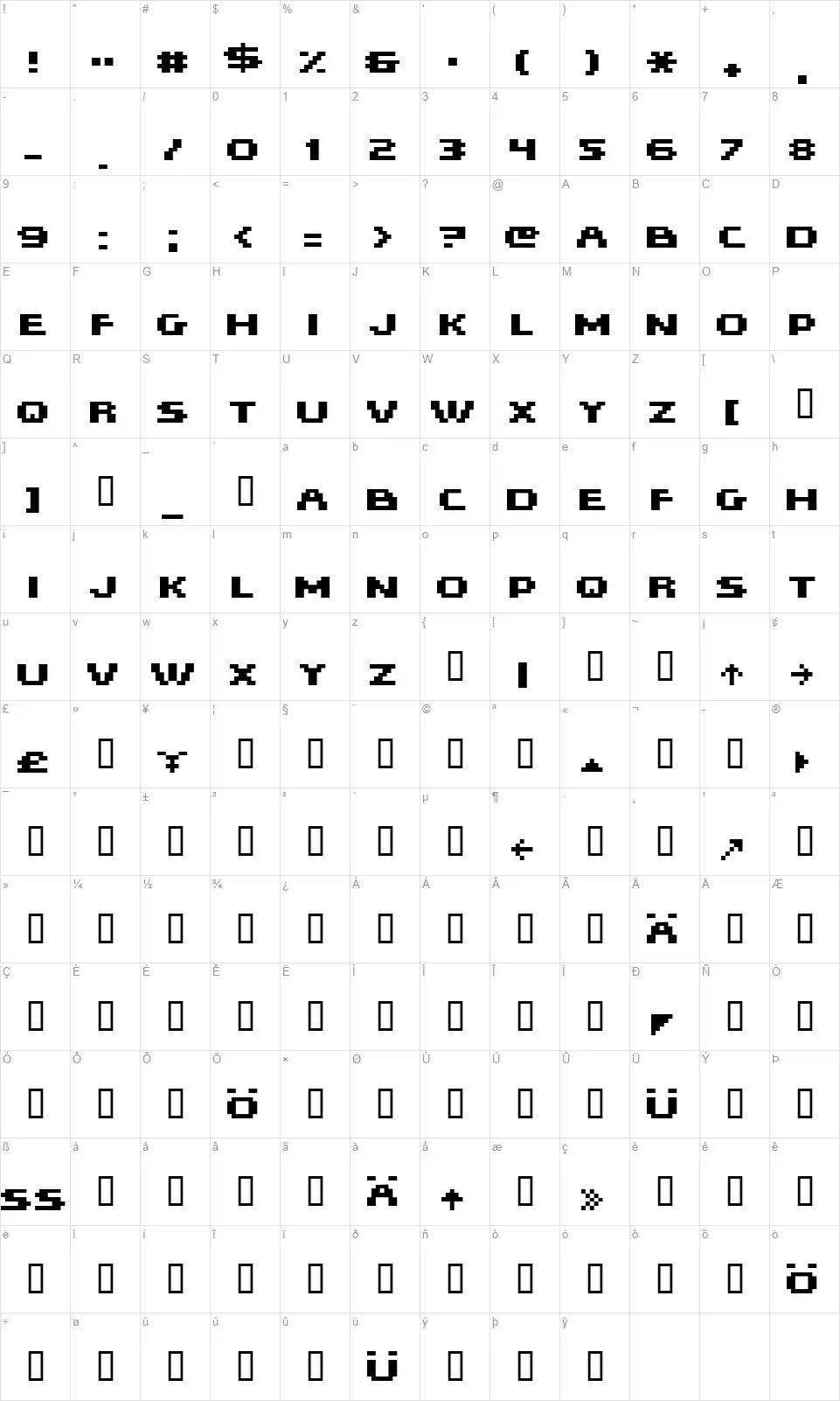 Hiskyflipperfont character map