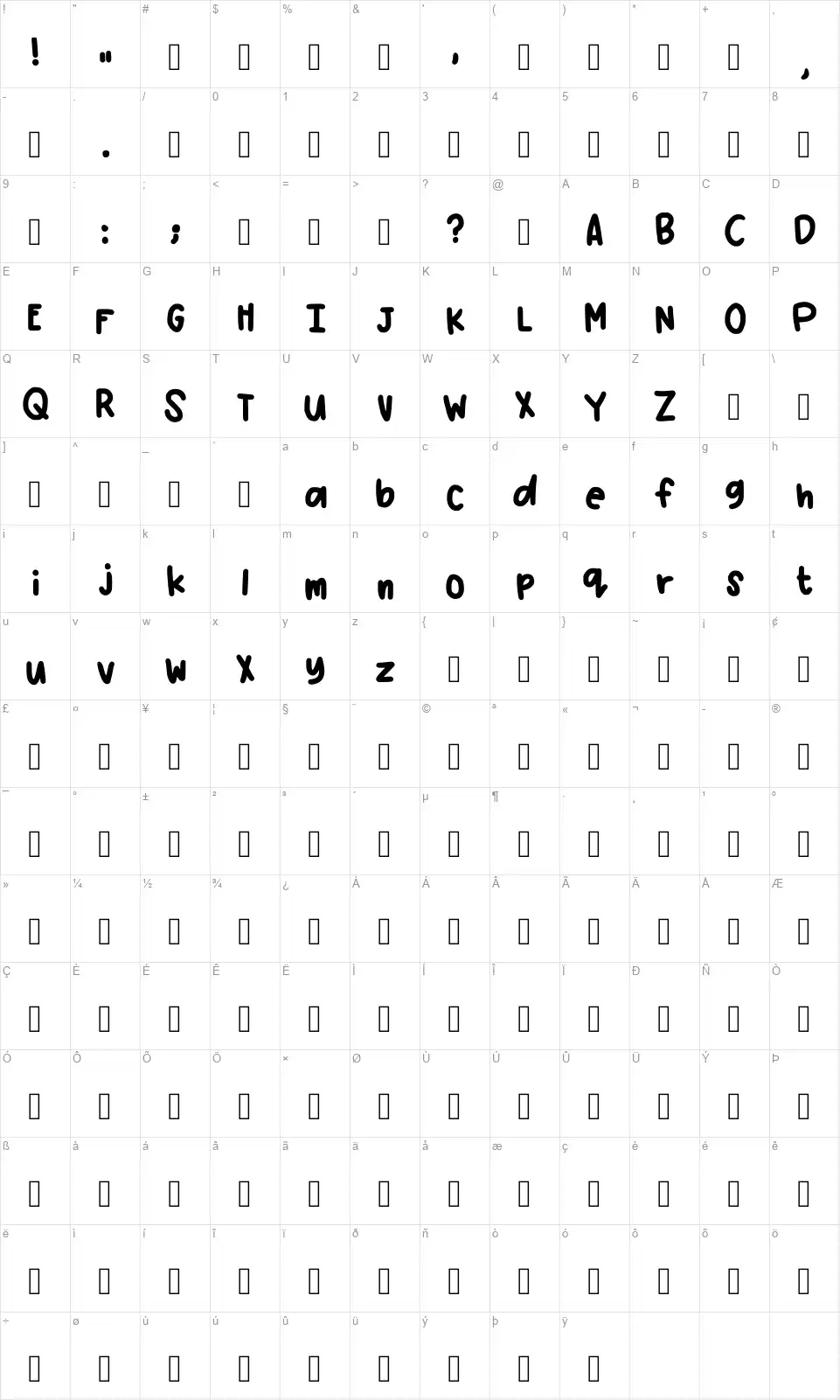 Honey Calm Downfont character map