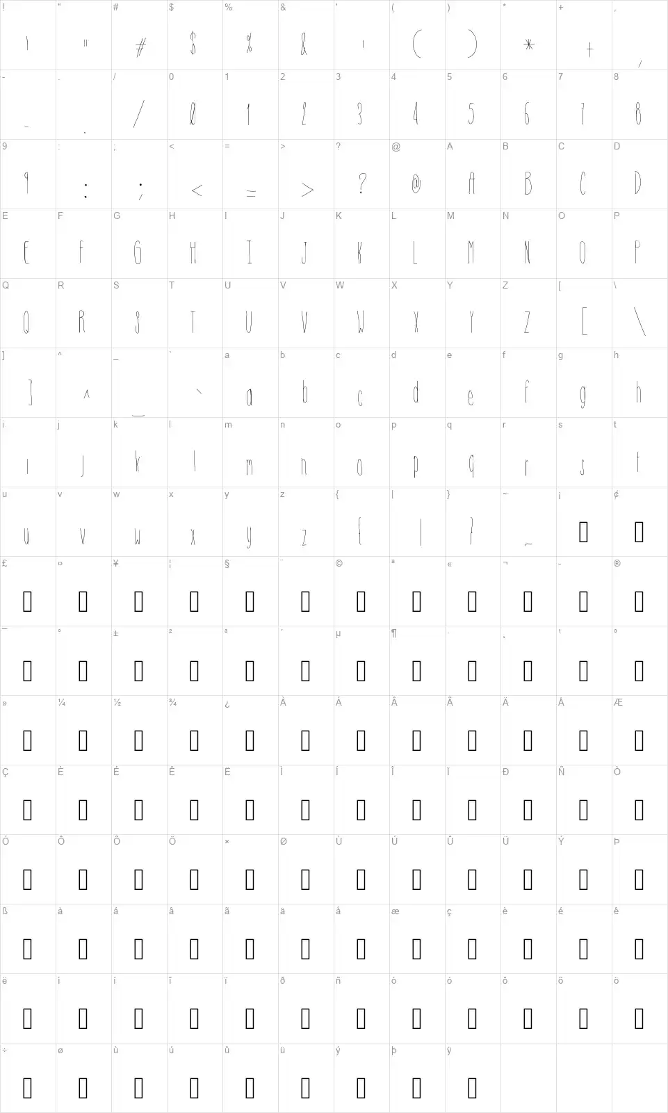 Hsf Skinny Towersfont character map
