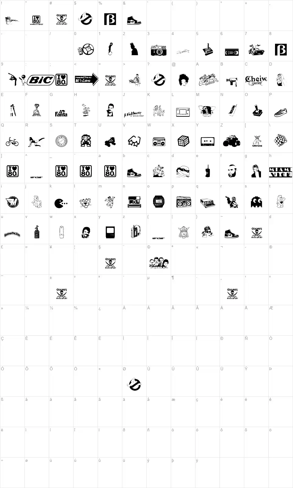 I Love 80'sfont character map
