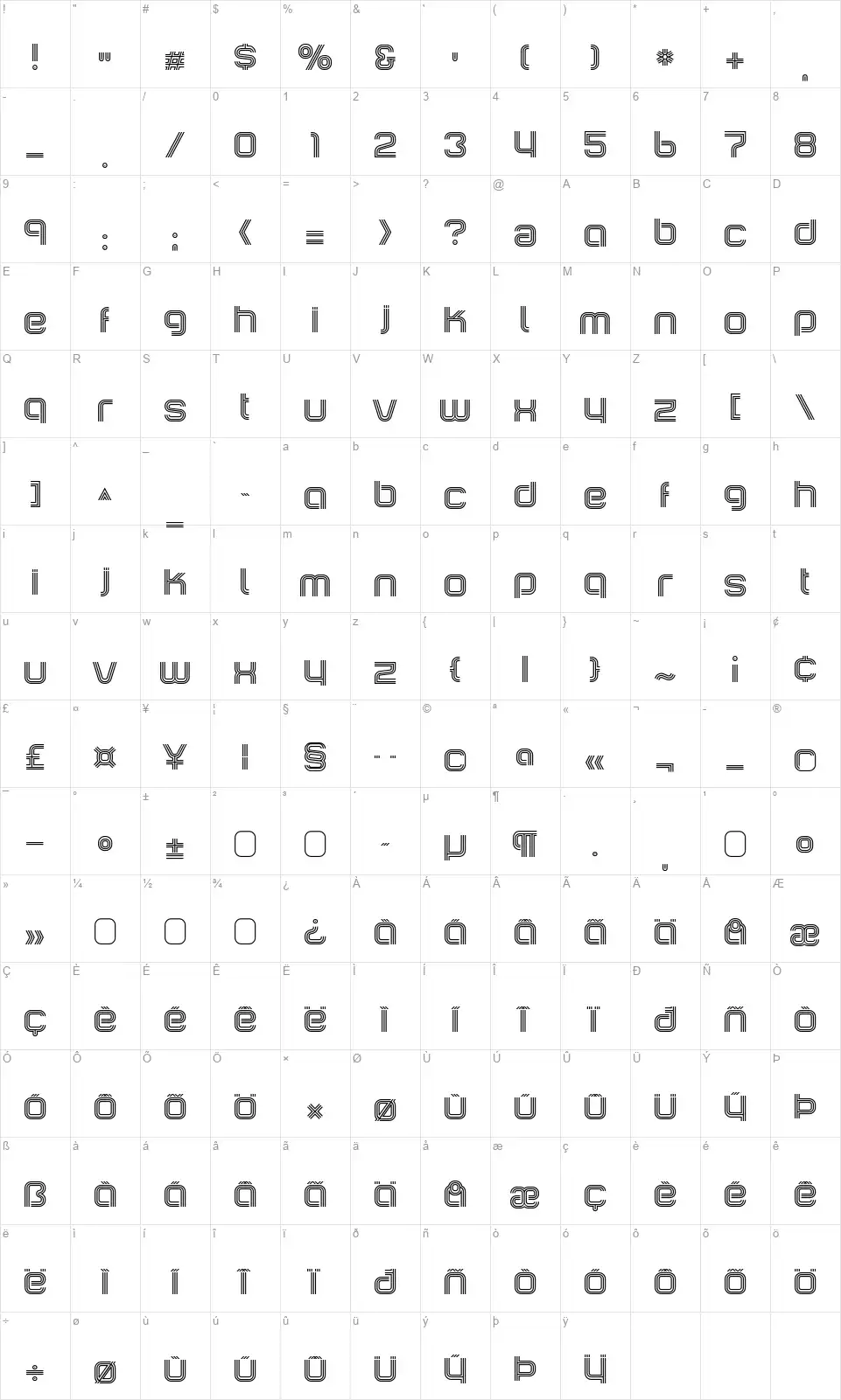 Incopins Clustersfont character map