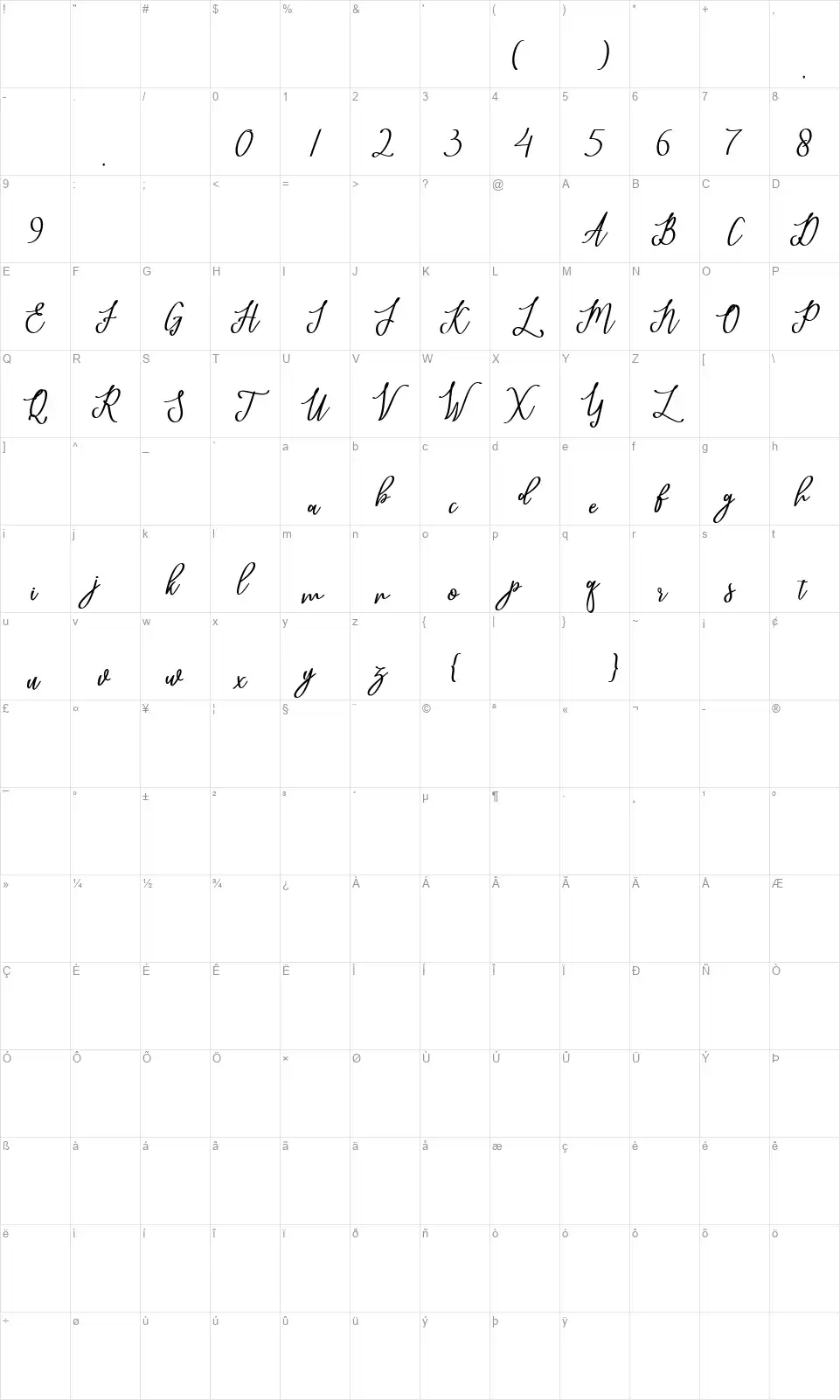 Javelynfont character map