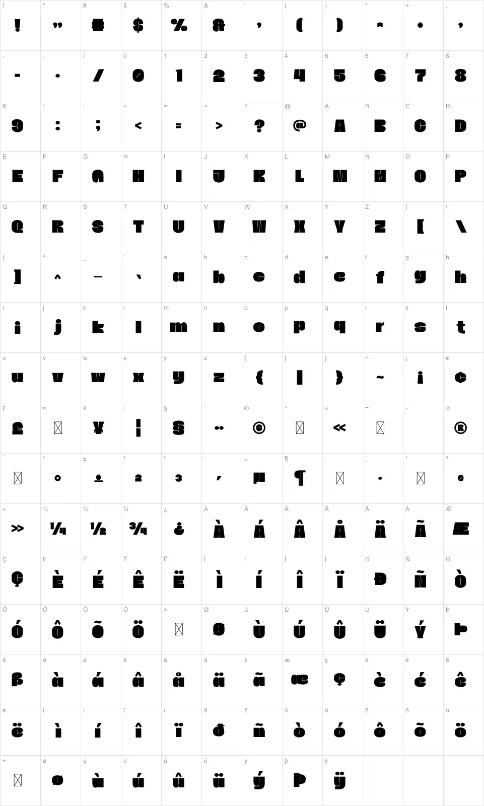 Jayen Karakter haritası Jayenfont character map