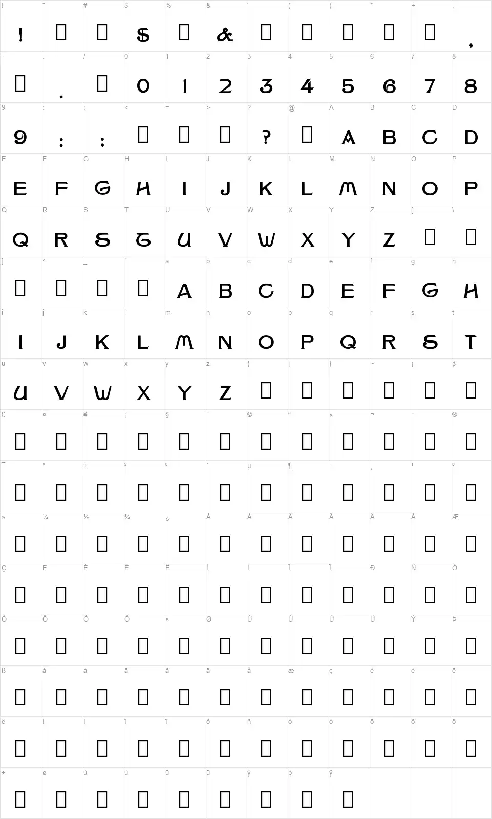 Jumbo 1887 Karakter haritası Jumbo 1887font character map